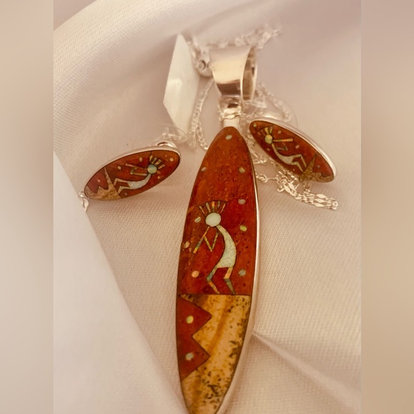 Coral & Multi Gemstone Kokopelli Earrings and Pendant on 24" adjustable SS Chain - Picture 7 of 14